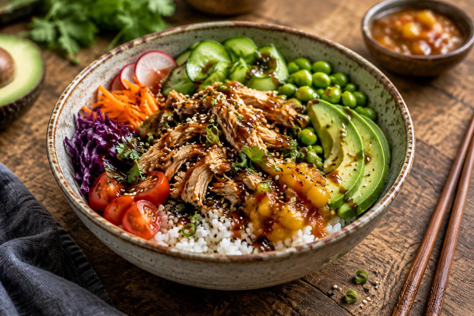 Hausgemachte Chicken Bowl mit Pulled Chicken, Avocado und frischem Gemüse