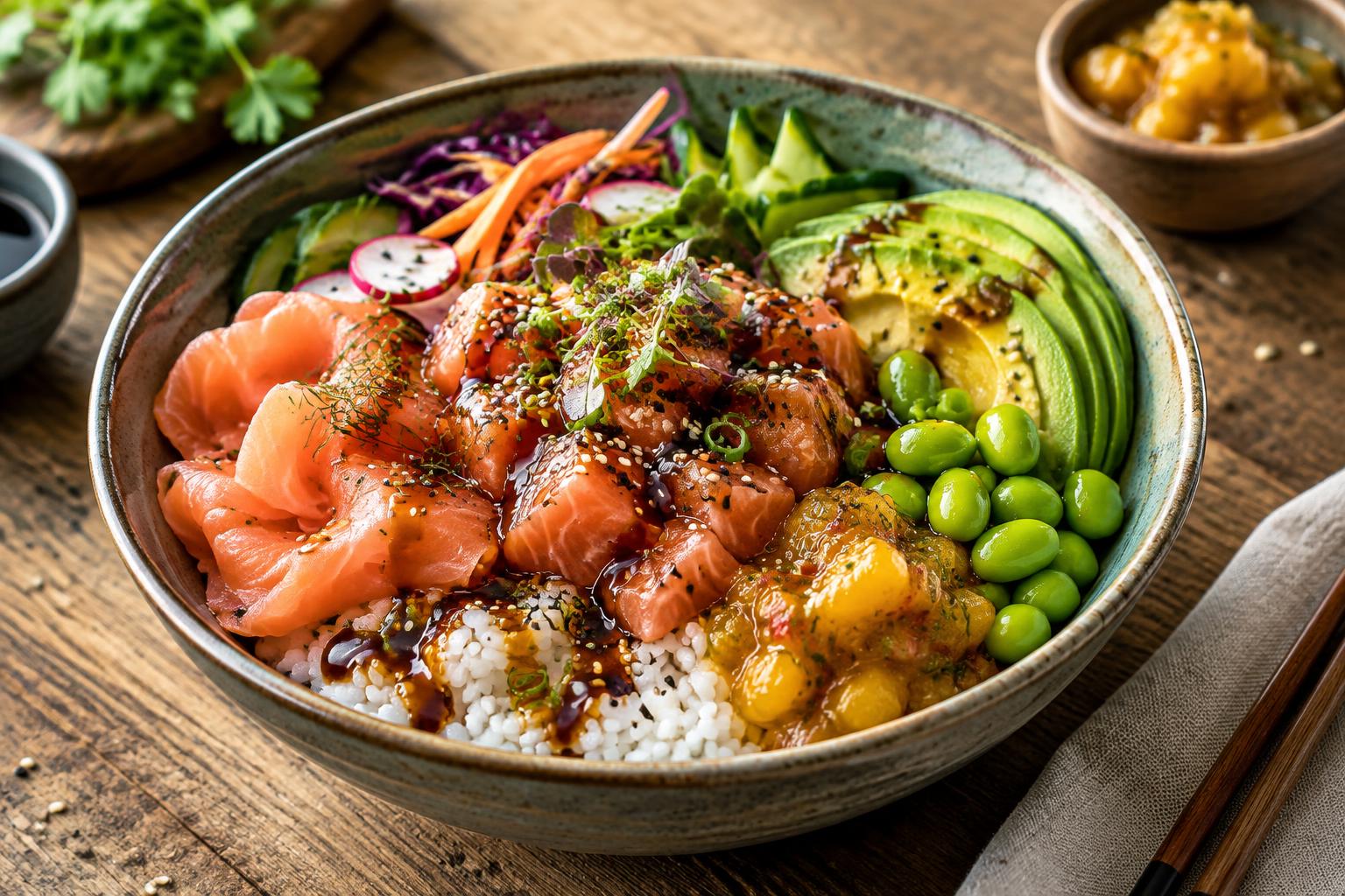 Hausgemachte Lachs Bowl mit Bio-Räucherlachs, Avocado und Edamame