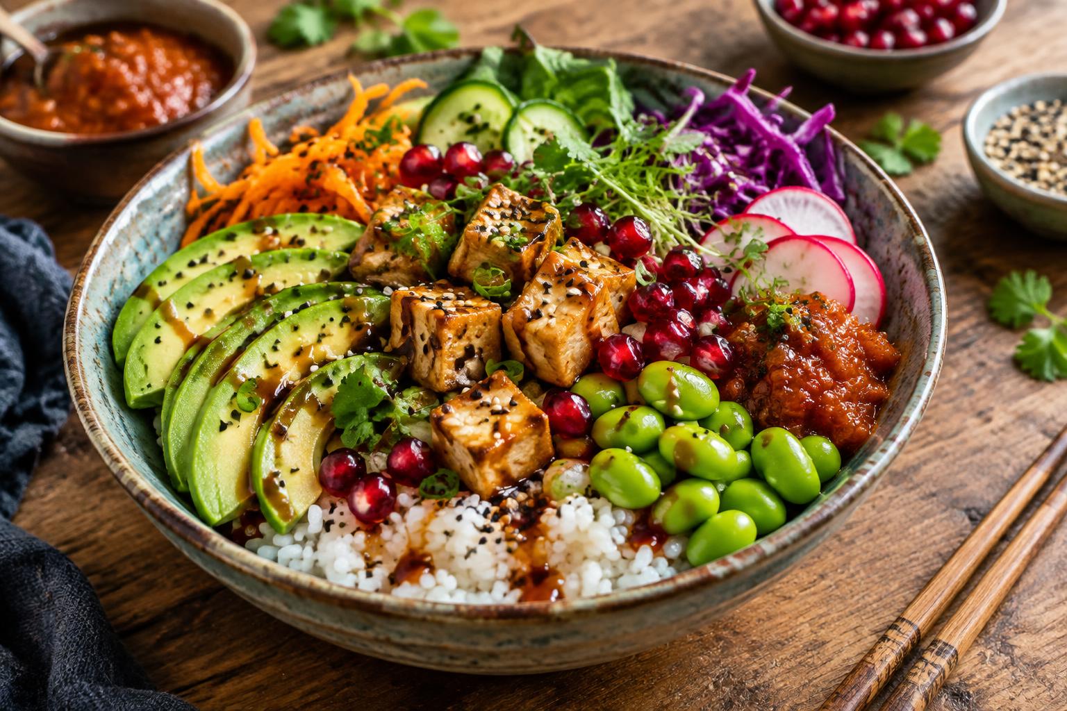 Hausgemachte Vegane Bowl mit Tofu, Avocado, Edamame und Granatapfelkernen