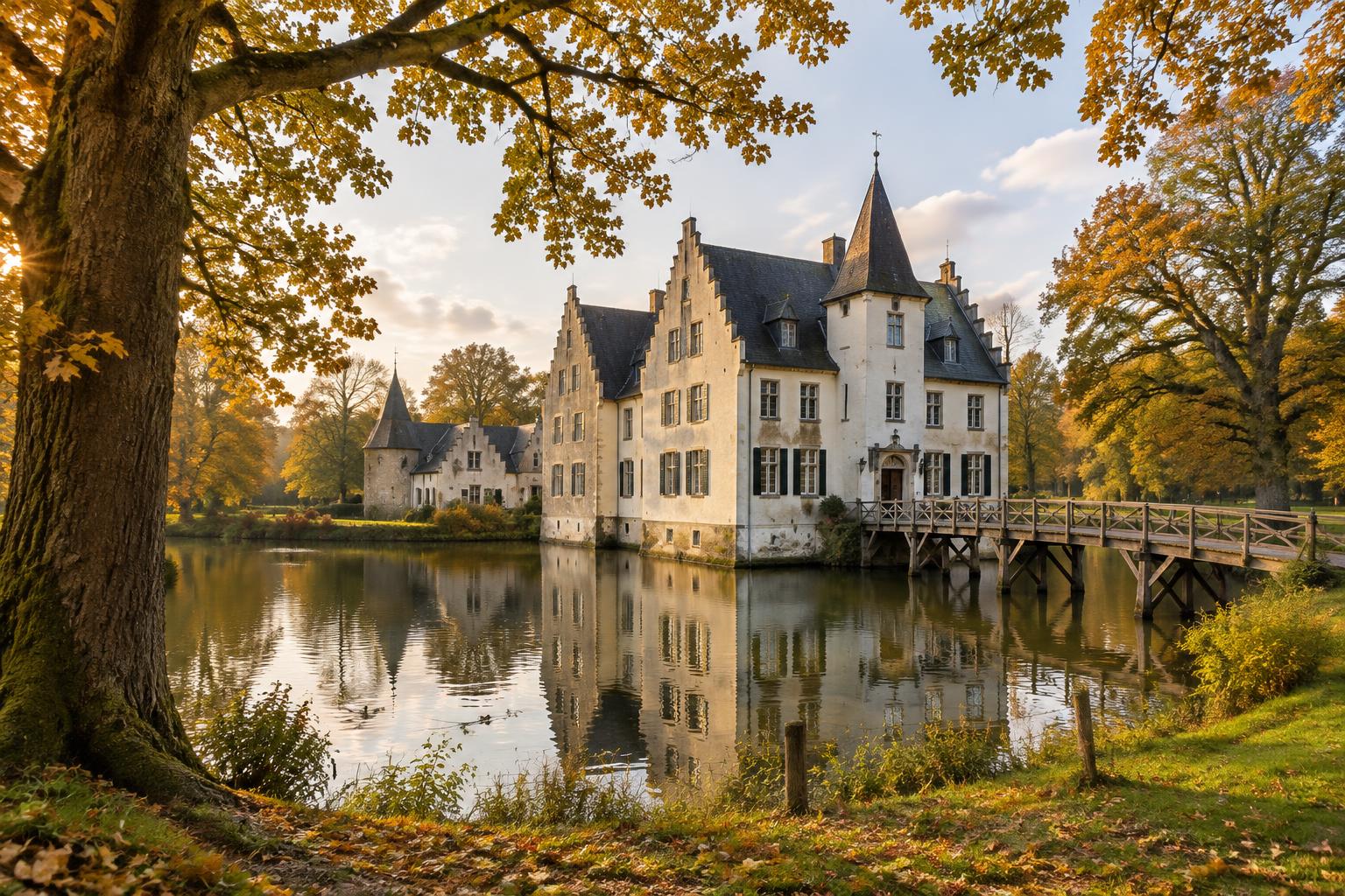 Burg Ketteler bei Lüdinghausen im Herbst, ein Herrenhaus am Wasser
