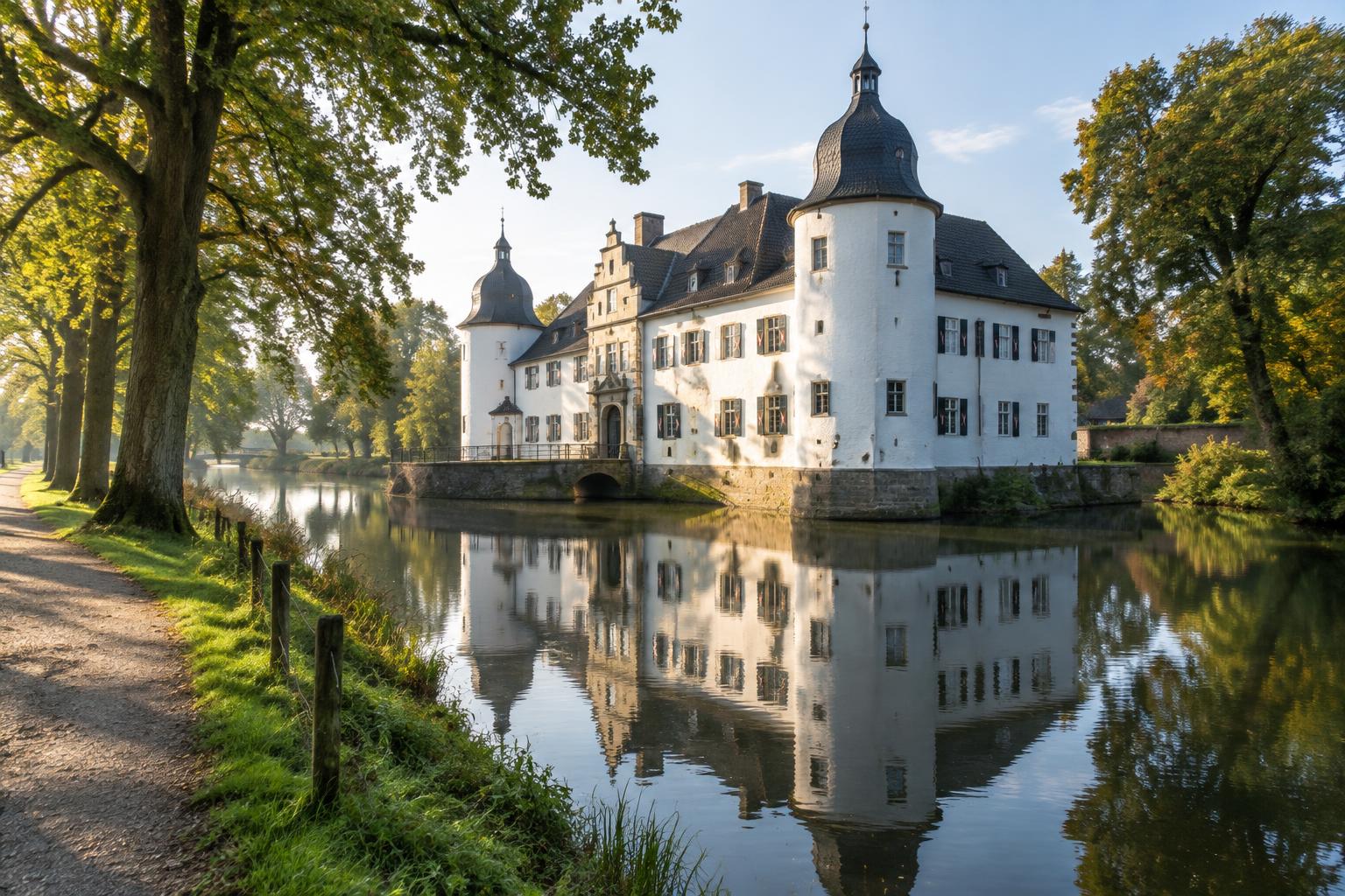 Burg Lüdinghausen an der Stever, eine weiße Wasserburg mit Türmen