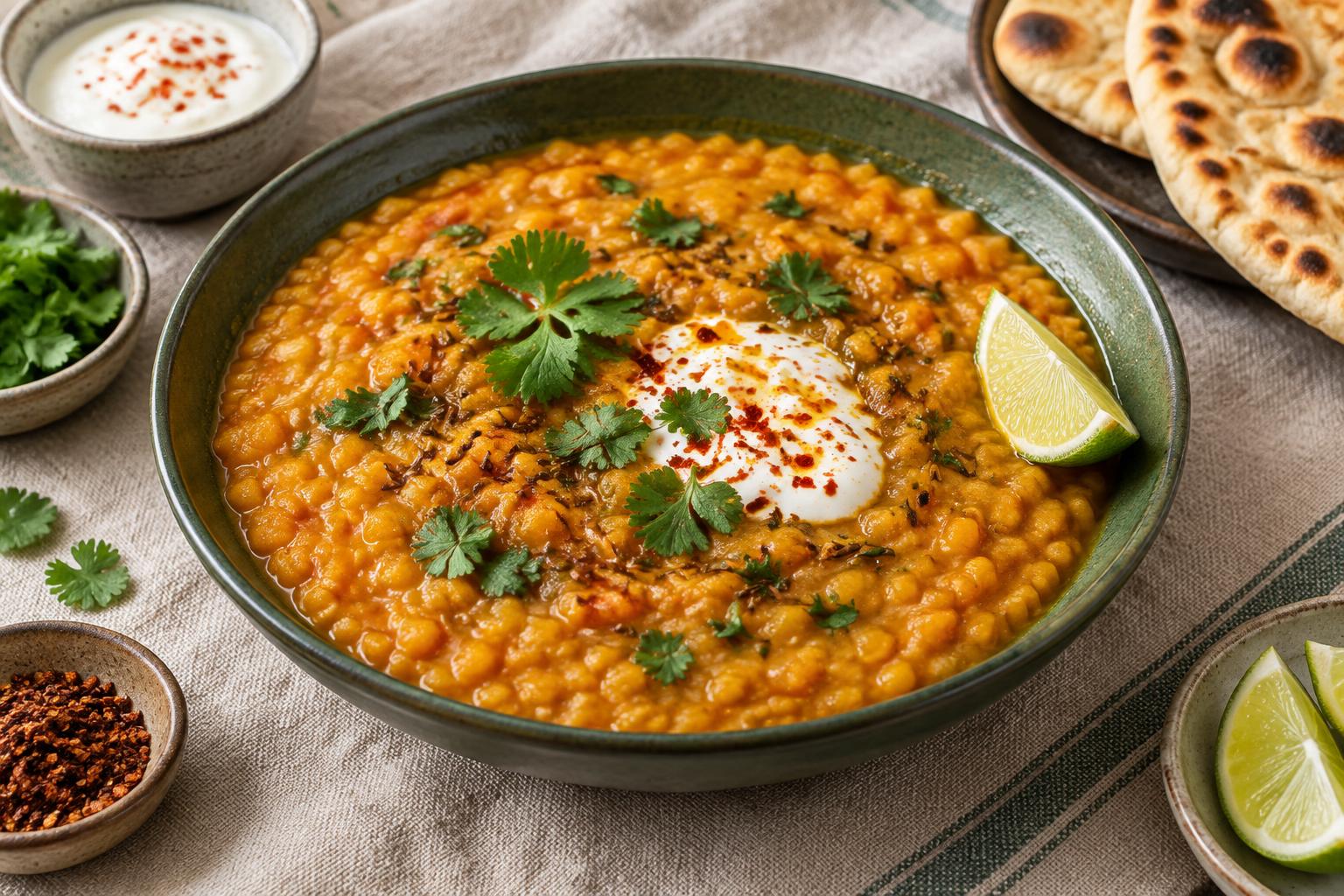 Goldgelbes Linsen-Dal mit Kräutern und Fladenbrot
