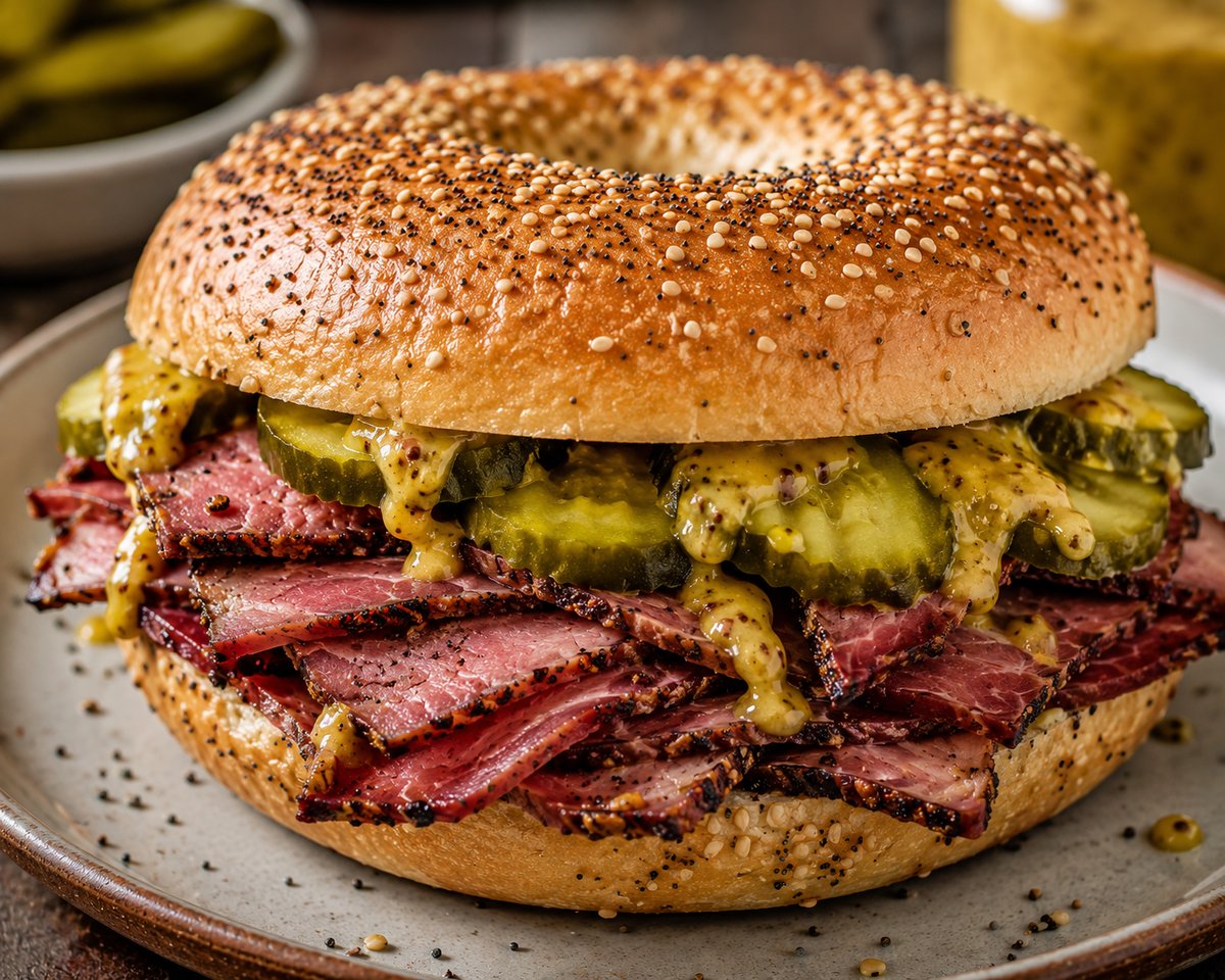 Yummy Bagel mit hausgemachter Pastrami New York Style, Gewürzgurken und Honig-Senf