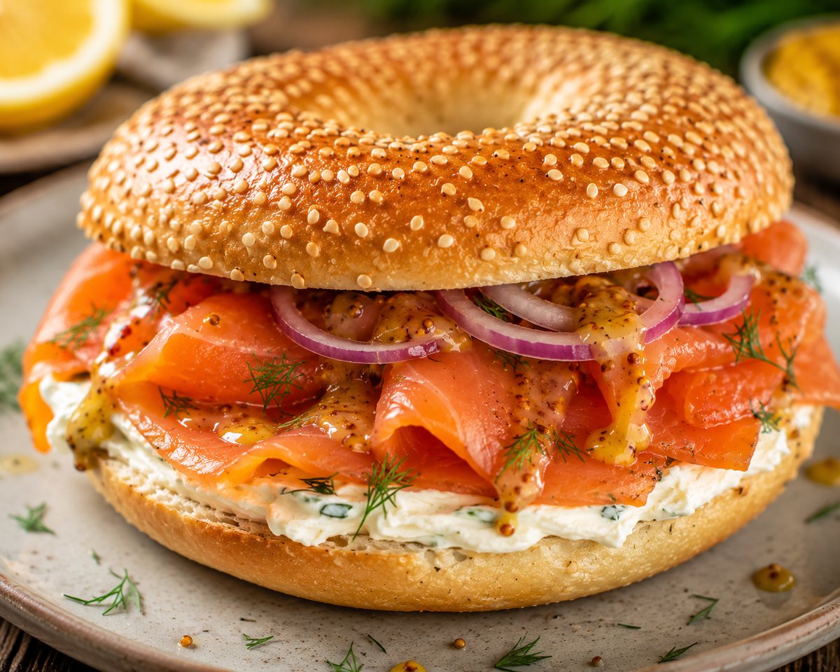 Salmon Bagel mit Räucherlachs, Frischkäse und Honig-Senf