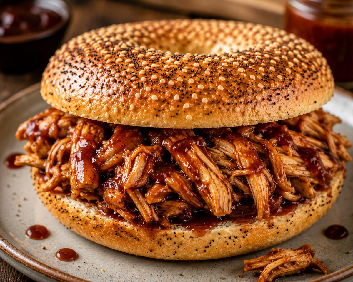 Pulled Chicken Bagel mit hausgemachtem Pulled Kikok Hähnchen und BBQ Sauce