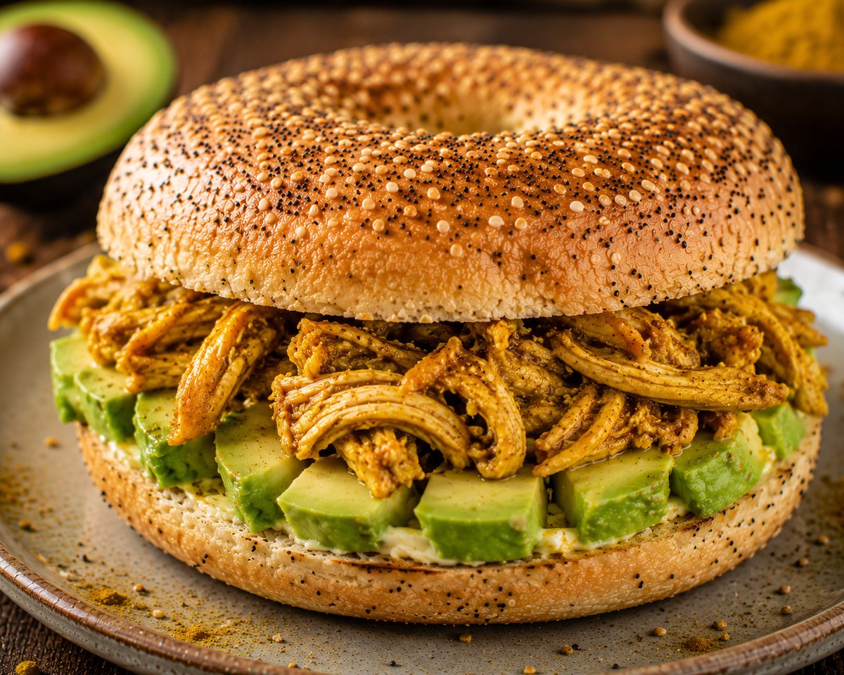 Chicken Plus Bagel mit Avocado, Pulled Kikok Hähnchen und Madras Curry