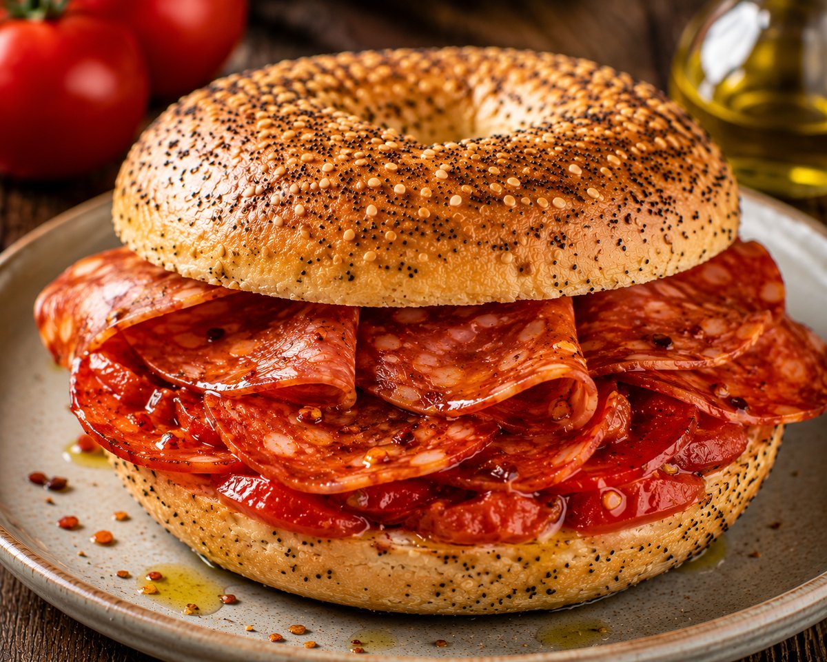 Pikante Bagel mit Spianata Calabrese Salami, San Marzano Tomaten und Olivenöl