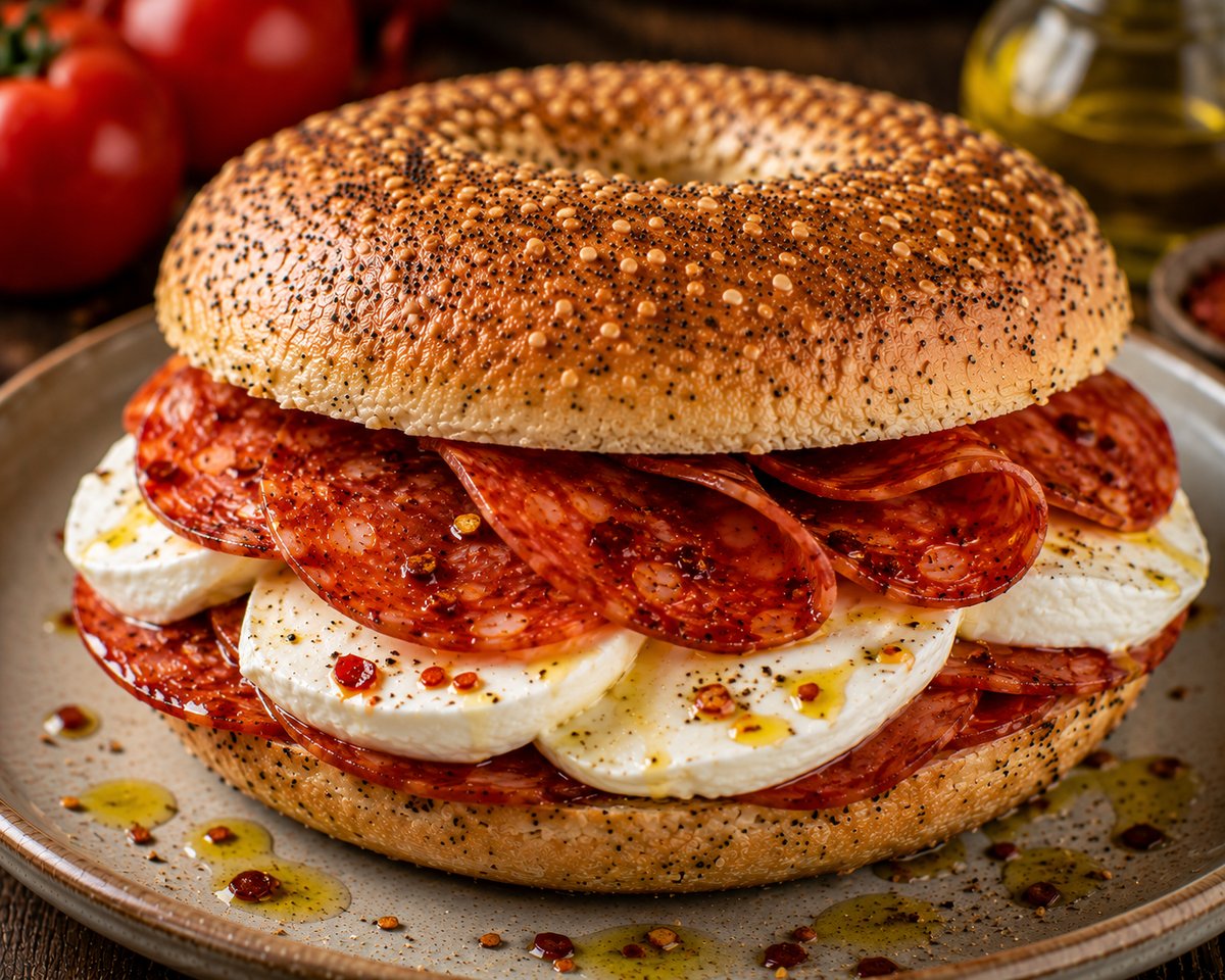 Pikante Buffalo Bagel mit Spianata Calabrese Salami und Mozzarella di Bufala