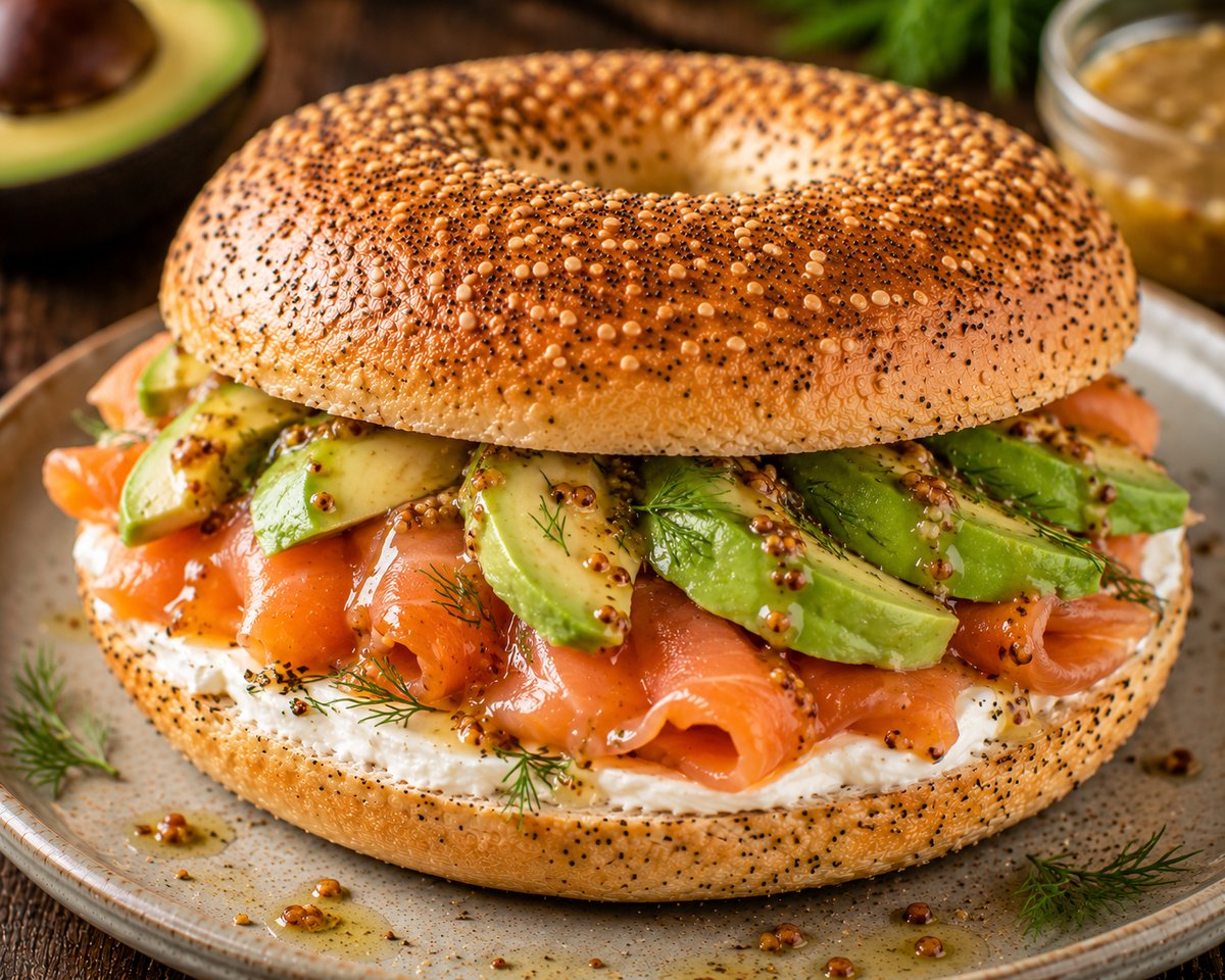 Salmon Plus Bagel mit Räucherlachs, Frischkäse, Avocado und Honig-Senf
