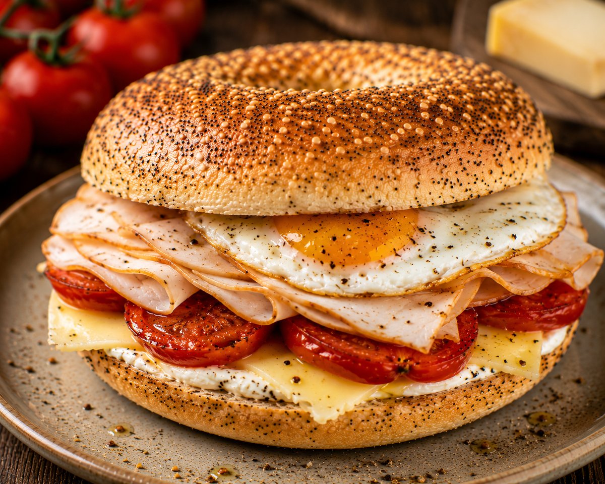 Good Morning Plus Bagel mit Spiegelei, Putenbrust, würzigem Bergkäse und Frischkäse
